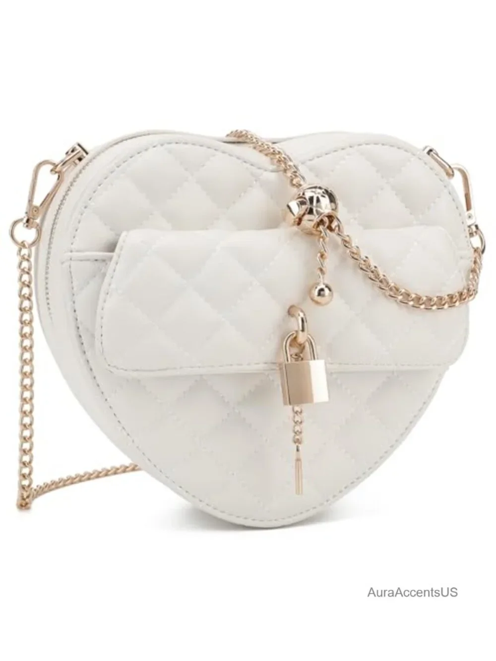 Quilted Heart Crossbody Purse with Chain Strap - Vegan Leather Handbag